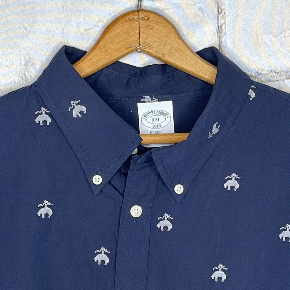 Brooks Brothers Navy Regent Cotton Logo Pattern All Over Design Button Up XXL
